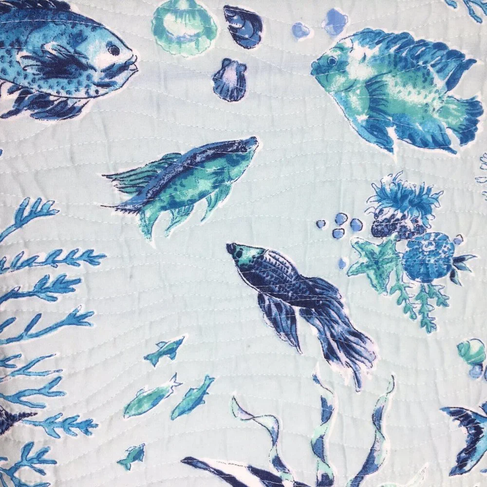 3 pc Nicole Miller Ocean FULL QUEEN Quilt Sham Set Tropical Fish Seashell Blue